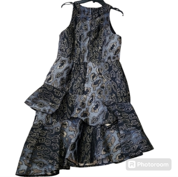 Vince Camuto Animal Print Mettalic  Asymmetrical Tierd Hem Cocktail Dress - Picture 4 of 12